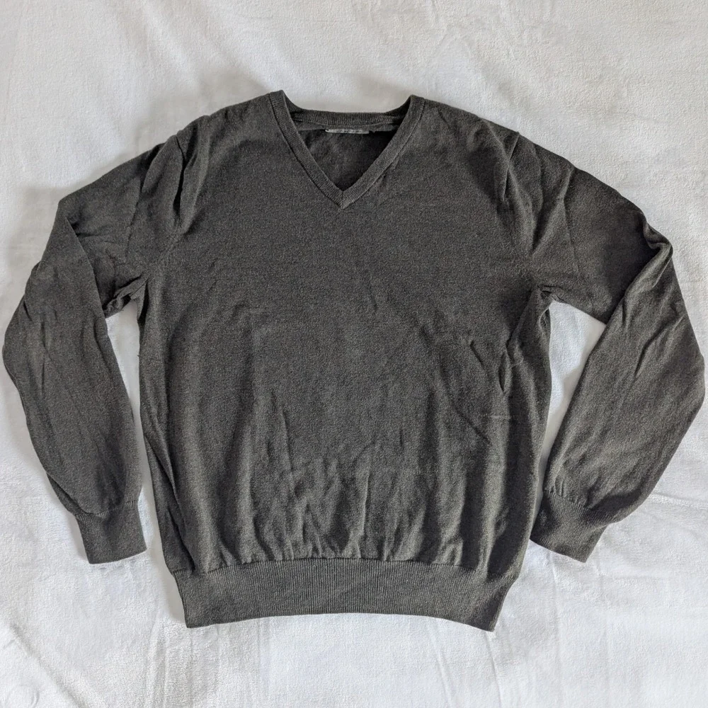 J. Crew V Neck Long Sleeve Cotton Cashmere Pull Over Sweater Dark Gray Mens Sz M